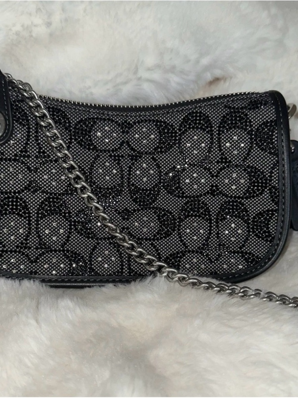 Coach Black Crystal Signature Shoulder Bag with Silver Chain